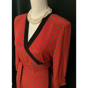 L'Agence Silk Wrap Dress Red Navy Pattern Small Elbow Length Sleeve Shoulder Pad